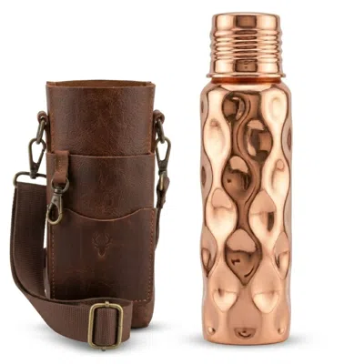 Anatoliacraft Rose Gold Hammered Copper Water Bottle And Leather Carrying Bag Set