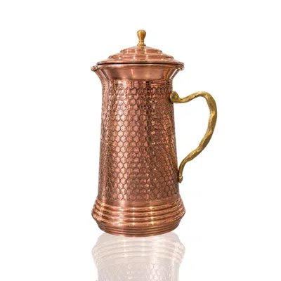 Anatoliacraft Rose Gold Handcrafted Hammered Copper Water Pitcher With Lid – Honeycomb Pattern & Brass Handle
