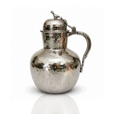 Anatoliacraft Silver Handcrafted Hammered Nickel Water Pitcher With Lid & Ornate Handle