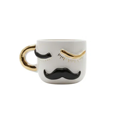 Anatoliacraft White / Black Gold & Black Moustache Porcelain Coffee Cup In Multi