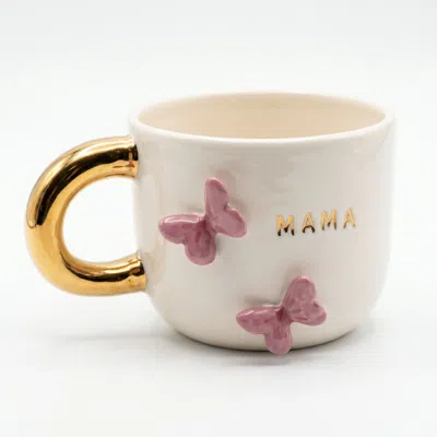 Anatoliacraft White / Gold Mama Ceramic Mug With  Gold & Butterfly Detail In White/gold
