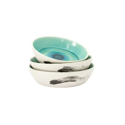 Anatoliacraft White / Green Set Of Three Hic Ceramics River Snack Bowl — Handcrafted Stoneware Appetizer Bowl
