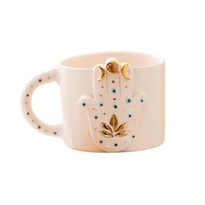 Anatoliacraft White Handmade Hamsa Ceramic Mug With Real Gold Accents
