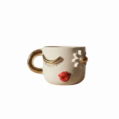 Anatoliacraft White Handmade Winking Daisy Face Ceramic Mug With Gold Handle In Brown