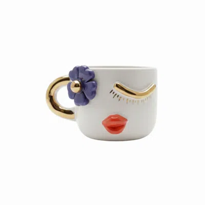 Anatoliacraft White / Purple Handmade Gold & Lilac Flower Face Porcelain Coffee Cup In Multi
