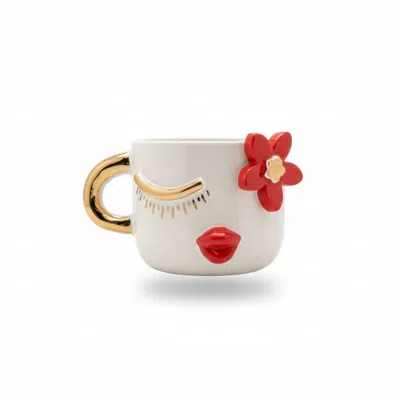 Anatoliacraft White / Red Handmade Gold & Red Flower Face Porcelain Coffee Cup In Multi