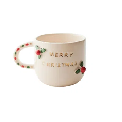 ANATOLIACRAFT WHITE / RED HANDMADE MERRY CHRISTMAS CERAMIC MUG WITH HOLLY DETAILING & FESTIVE HANDLE