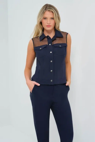 Anatomie Lenox Organza & Performance Twill Sleeveless Trucker Vest In Blue