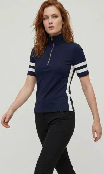 Anatomie Serena Sport Striped Zip-up Short Sleeve Top In Blue