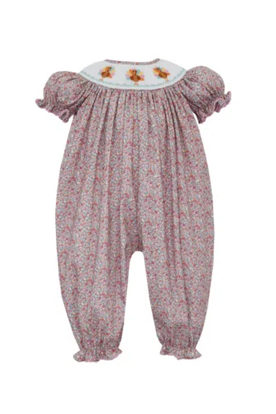 Anavini Kids' Girl's Floral Turkey Girl Puff Sleeve Smocked Romper With Insert In Multi In Pink