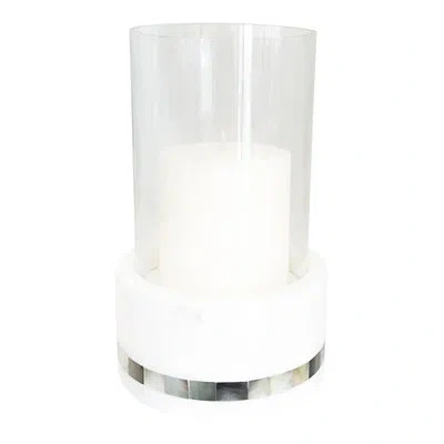 Anaya 7.63" Marble Tabletop Hurricane In White,iridescent Gray,light Gold