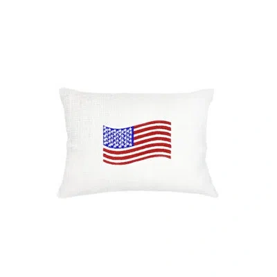Anaya American Flag Embroidered Linen Pillow In White
