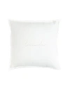 Anaya Beach Script Embroidered White Linen Fringe Pillow With Down Alternative Insert In White