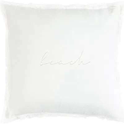Anaya Beach Script Embroidered White Linen Fringe Pillow With Down Insert