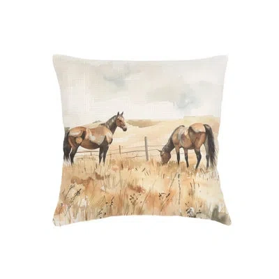 Anaya Brown Horse Pasture Linen Pillow 20x20 With Down Insert In Down Blend
