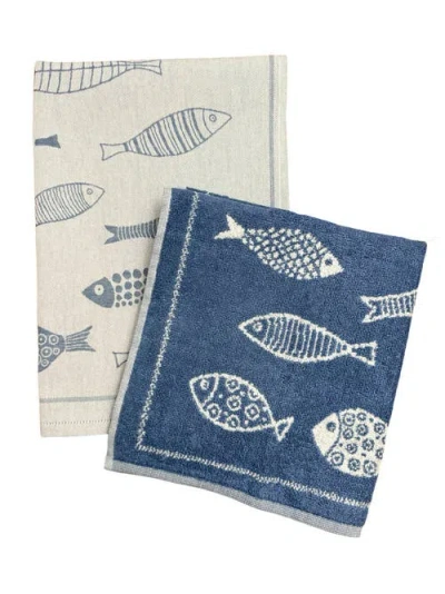 Anaya Coastal Fish Kitchen Towels In Deep Sea Blue