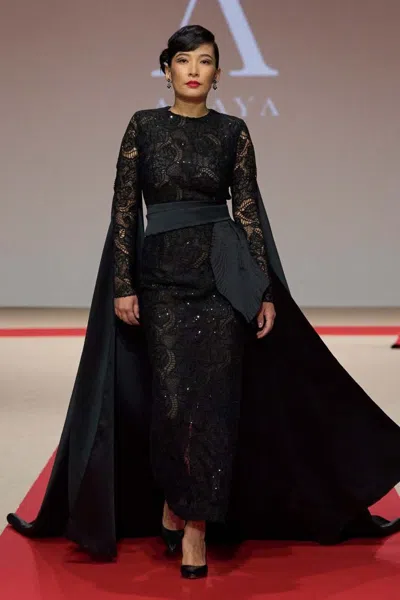 Anaya Embellished Sweeping Cape Sleeve Gown In Black
