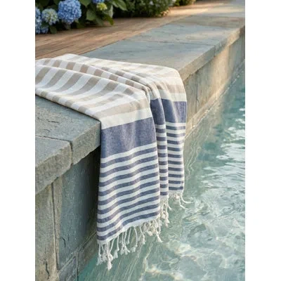Anaya Sailboat Stripe Navy Turkish Cotton Towel In Blue