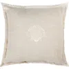Anaya Seashell Beige Embroidered Linen Fringe Pillow With Down Alternative Insert In Beige