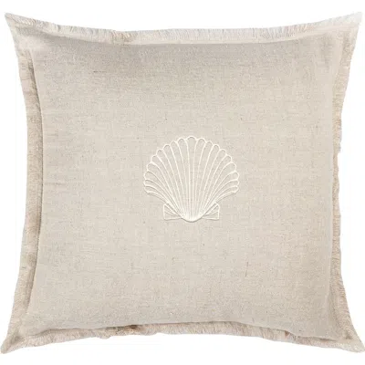Anaya Seashell Beige Embroidered Linen Fringe Pillow With Down Alternative Insert