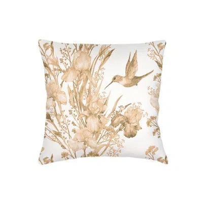 Anaya Warm Beige Hummingbird Garden Linen Pillow 22x22 With Down Insert In Gold