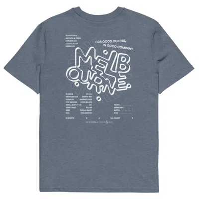Anchor & Crew Dark Heather Blue Gustatory Melbourne Coffee Scene Organic Cotton Embroidered T-shirt - Men