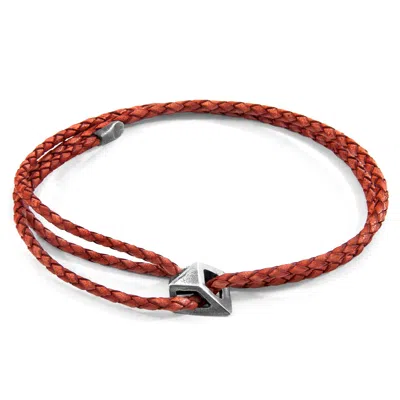 Anchor & Crew Men's Amber Red Arthur Silver & Braided Leather Skinny Bracelet