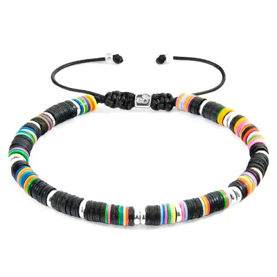 Anchor & Crew Men's Black Kivu Silver & Vinyl Disc Macrame Bracelet