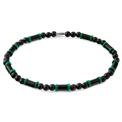 Anchor & Crew Men's Black Turquoise, Green Agate & Black Ebony Wood Samuel Silver & Stone Skinny Bracelet