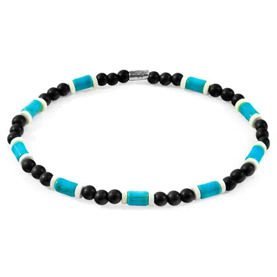 Anchor & Crew Men's Blue Turquoise, White Agate & Black Ebony Wood Samuel Silver & Stone Skinny Bracelet