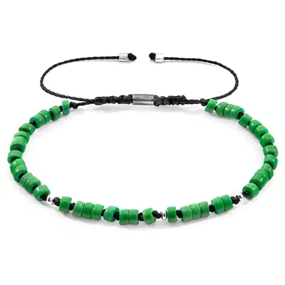 Anchor & Crew Men's Green Turquoise Percy Silver & Stone Skinny Macrame Bracelet