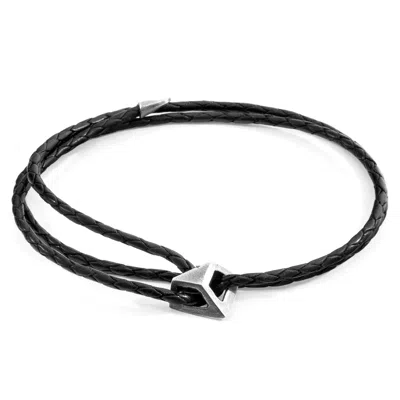 Anchor & Crew Men's Midnight Black Arthur Silver & Braided Leather Skinny Bracelet