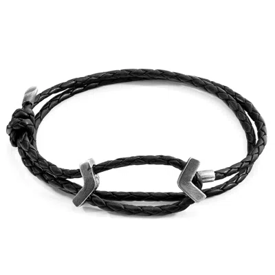Anchor & Crew Men's Midnight Black William Silver & Braided Leather Skinny Bracelet