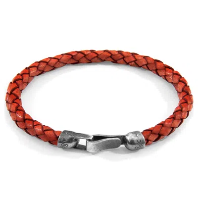 Anchor & Crew Men's Amber Red Skye Silver & Braided Leather Bracelet