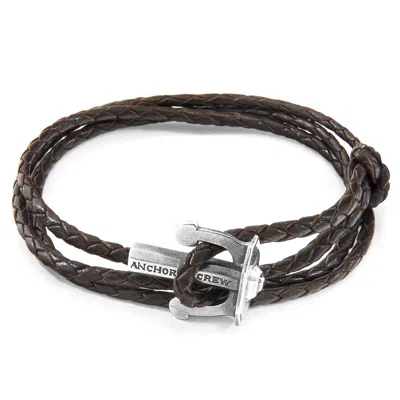 Anchor & Crew Men's Brown / Silver Dark Brown Union Anchor Silver & Braided Leather Bracelet In Gray