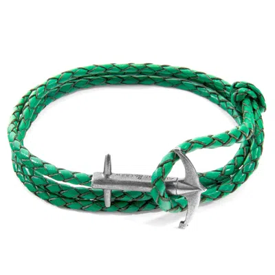 Anchor & Crew Men's Silver / Green Fern Green Admiral Anchor Silver & Braided Leather Bracelet