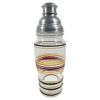 Pre-owned Anchor Hocking Art Deco Cocktail Shaker Set With Hand Painted Black, Red, Orange & Yellow Bands
