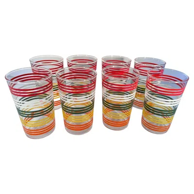 Pre-owned Anchor Hocking Eight Midcentury Highball Glasses W/bands Of Brightly Colored Lines In Brown