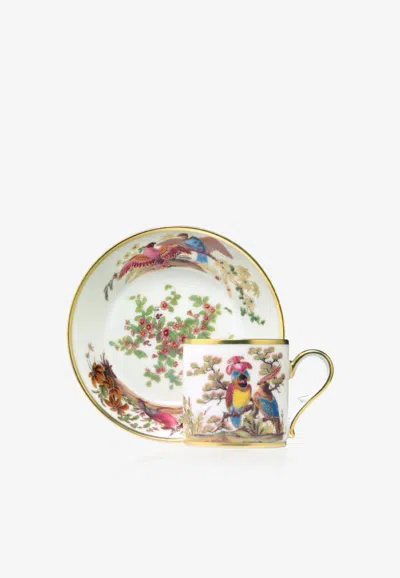 Ancienne M.royale Aux Perroquets Porcelain Litron Cup And Saucer - Set Of 2 In White