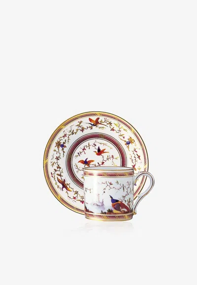 Ancienne M.royale Paysage Aux Oiseaux Porcelain Litron Cup And Saucer- Set Of 2 In White