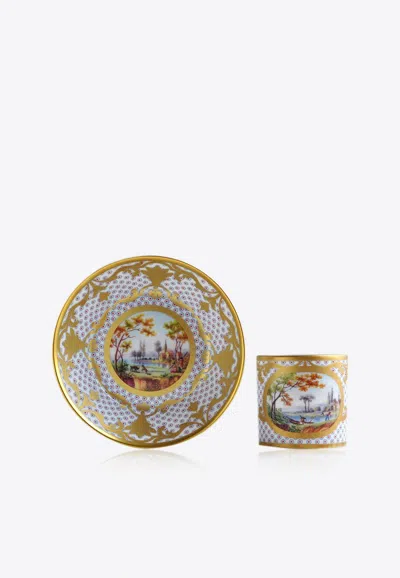 Ancienne M.royale Paysages A La Barque Porcelain Litron Cup And Saucer - Set Of 2 In Gold