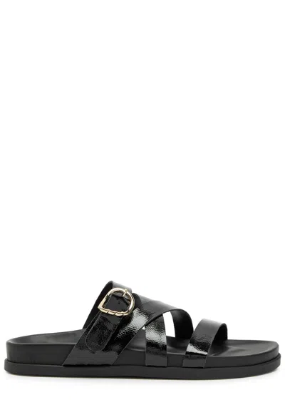 Ancient Greek Sandals Filipa Textured Patent Leather Sliders In Black