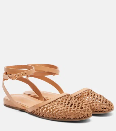Ancient Greek Sandals Filothea Leather-trimmed Raffia Slingback Flats In Brown