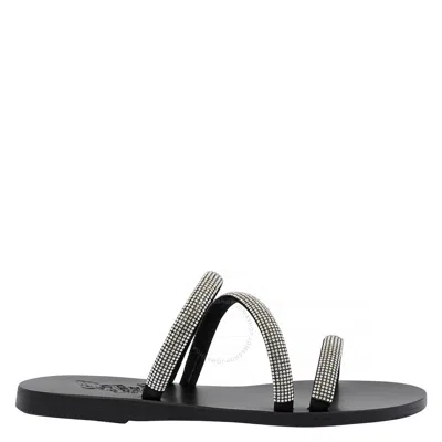 Ancient Greek Sandals Ladies Black Polytimi Diamante Flat Sandals