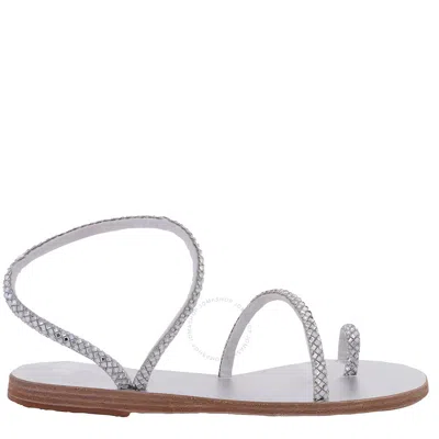 Ancient Greek Sandals Ladies Silver Eleftheria Leather Braids Flat Sandals In White