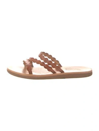 Pre-owned Ancient Greek Sandals Leather Scalloped Accent Slides In Brown