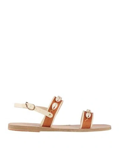 Ancient Greek Sandals Woman Sandals Tan Size 8 Natural Raffia, Leather In Brown