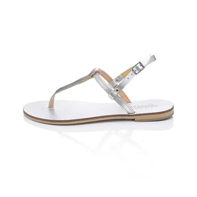 Ancientoo Brizo Silver/silver Handcrafted Women's Leather T-strap Sandals – Designer Fashion Flat Sandals With In Metallic