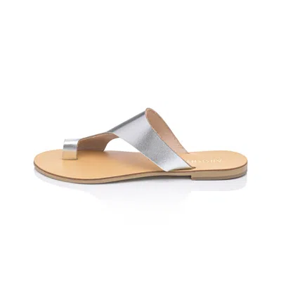 Ancientoo Celaeno Silver Leather Contemporary Fashion Flip Flops With Toe Ring – Women's Leather Slide Sandal