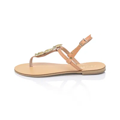 Ancientoo Neutrals Morfi Handcrafted Leather Women's Flat Sandals With Gold Gems In Black/yellow